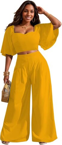 WUSENST Women's Summer 2 Piece Outfits 2025 Ruffle Sleeve Sweetheart Neck Crop Tops Wide Leg Pant Sets Casual Tracksuit in Kuwait