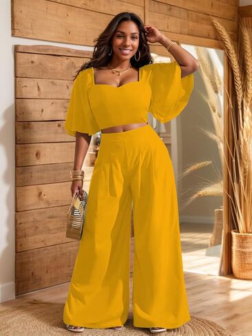 WUSENST Women's Summer 2 Piece Outfits 2025 Ruffle Sleeve Sweetheart Neck Crop Tops Wide Leg Pant Sets Casual Tracksuit in Kuwait