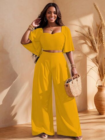 WUSENST Women's Summer 2 Piece Outfits 2025 Ruffle Sleeve Sweetheart Neck Crop Tops Wide Leg Pant Sets Casual Tracksuit in Kuwait