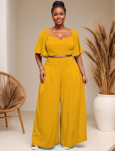 WUSENST Women's Summer 2 Piece Outfits 2025 Ruffle Sleeve Sweetheart Neck Crop Tops Wide Leg Pant Sets Casual Tracksuit in Kuwait