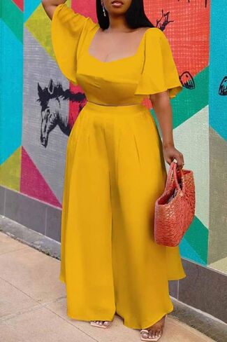 WUSENST Women's Summer 2 Piece Outfits 2025 Ruffle Sleeve Sweetheart Neck Crop Tops Wide Leg Pant Sets Casual Tracksuit in Kuwait