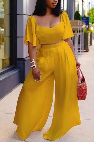 WUSENST Women's Summer 2 Piece Outfits 2025 Ruffle Sleeve Sweetheart Neck Crop Tops Wide Leg Pant Sets Casual Tracksuit in Kuwait