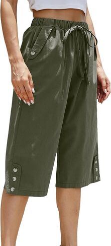 Women's Casual Cotton Pants Elastic Drawstring Capri Trousers Lightweight High Waisted Wide Leg Baggy Slacks in Saudi Arabia