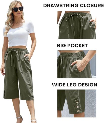 Women's Casual Cotton Pants Elastic Drawstring Capri Trousers Lightweight High Waisted Wide Leg Baggy Slacks in Saudi Arabia