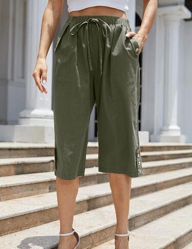 Women's Casual Cotton Pants Elastic Drawstring Capri Trousers Lightweight High Waisted Wide Leg Baggy Slacks in Saudi Arabia
