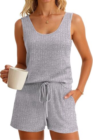 Imily Bela Womens Pajama Sets 2 Piece Sleeveless Summer Pjs Ribbed Knit Tank Top and Shorts Cute Lounge Sleepwear in Saudi Arabia