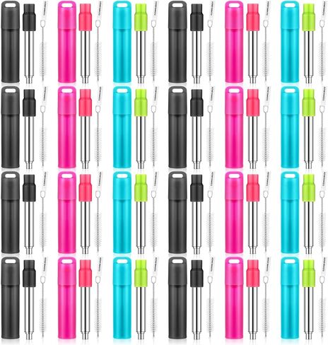 Gejoy 6 Pack Metal Reusable Straw Drinking Collapsible Foldable Stainless Steel Straw with Plastic Case Silicone Tip and Cleaning Brush Long Telescopic Portable Travel Straw for Work in Saudi Arabia