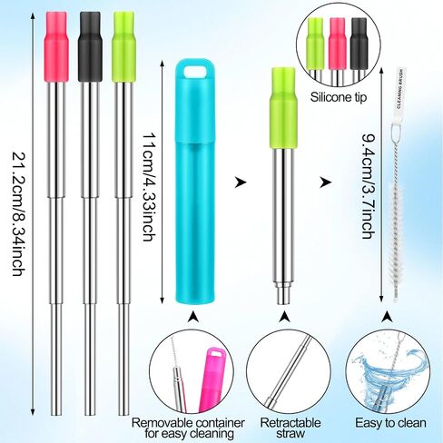 Gejoy 6 Pack Metal Reusable Straw Drinking Collapsible Foldable Stainless Steel Straw with Plastic Case Silicone Tip and Cleaning Brush Long Telescopic Portable Travel Straw for Work in Saudi Arabia
