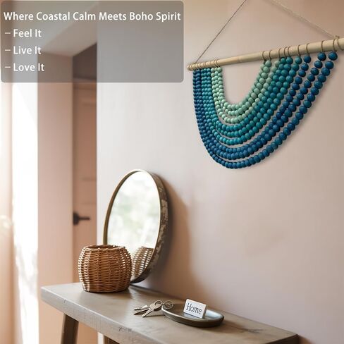 Boho Chic Wooden Bead Garland Wall Hanging Tapestry, Natural-Inspired Handcrafted Home Decor for Living Room, Bedroom, Entryway, Nursery, Apartment & Dorm (Coastal Breeze Gradient, 12 Inches) in Kuwait
