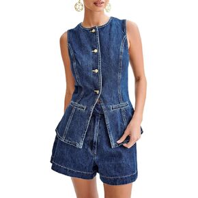Owl's-Yard Women's Long Denim Waistcoat Y2k Sleeveless Button Down Back Slit Slim Vest Tops Oversized Jean Jacket Street