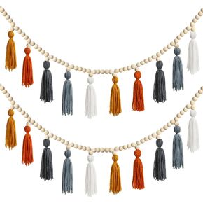 2 Pcs Boho Tassel Garland with Wood Beads Tassel Garland Decor Neutral Garland Decorative Rainbow Banner Wall Hangings for Nursery Room Baby Shower Bedroom Wedding Party (Stylish Color)