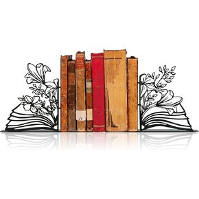 Metal Flower & Book Design Decorative Bookends – Cute Bookends for Shelves, Reading Room Decor for Book Lovers
