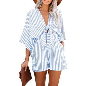 utcoco Womens Casual Shorts Rompers Half Sleeve Tie Waist Striped Jumpsuits for Women
