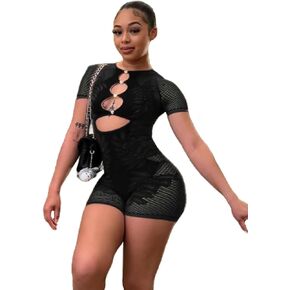Women's Jumpsuit Sexy See Through Off Shoulder Mesh Short Sleeve Tummy Control Yoga Workout Rompers Y2K Club Outfits