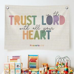 Inspirational Bible Verses Wall Decor Flags for Bedroom, Christian Religious Hanging Canvas Banner Decor, Trust In The Lord With All Your Heart Wall Flags for Boys Girls Women Home Rome Decor