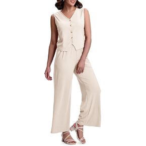 SESE CODE WOMENS 2 قطعة من القطاعين الأعمال الزر غير الرسمي لأعلى السترة وسروال الساق الواسعة وافل متماسكة بدلة السترة بلا أكمام