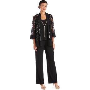 R&M Richards 2PC Pants Set W/Sequin Swing Jacket and Detachable Necklace