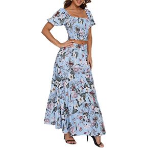 Rooscier Women's 2 Piece Outfit Shirred Short Sleeve Crop Top A Line Beach Maxi Skirt Set