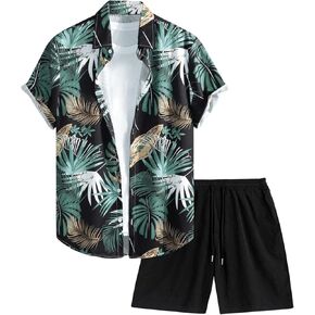 Men's 2 Piece Short Sets Outfits Button Down Floral Shirts and Drawstring Waist Shorts Tracksuits