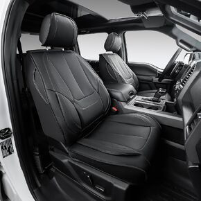 OASIS AUTO Ford F150 F250 F350 Accessories Seat Covers 2009-2025 Custom Fit Leather Truck Cover Protector F-150 F-250 F-350 Crew Double Super Extended Cab (Full Set, Black&Gray)