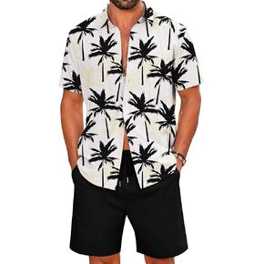 LecGee Men's Hawaiian 2 Piece Shirts and Shorts Set Summer Beach Matching Set Outfits Summer Tracksuit