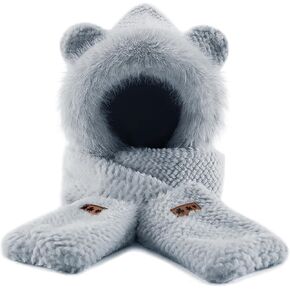 Cute Bear Winter Scarf Set for Girls & Kids - 3 in 1 Faux Fur Hat, Scarf & Gloves