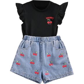 MakeMeChic Girl's 2 Piece Outfit Cheery Print Crew Neck Cap Sleeve Tee Top and Denim Shorts Summer Set