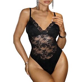 Wdirara Women's Lace Bodysuit Floral Sexy Mesh Ven