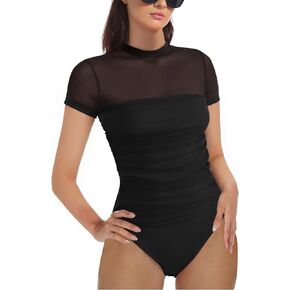 Women Short Sleeve Shirts Sheer Mesh Bodysuit Mock Turtle Neck Trendy Sexy Ruched Going Out Fishnet Bodysuits Tops