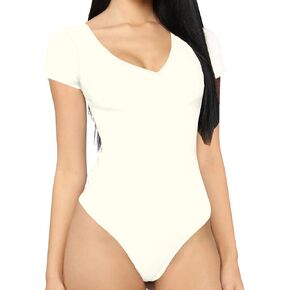 MANGDIUP bodysuit for women Short Sleeve V-Neck Casual Stretchy Basic T Shirt Bodysuit