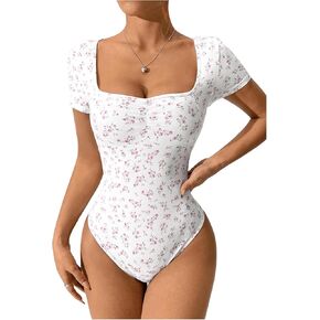 COZYEASE Women's One Piece Graphic Floral Print Bodysuit Fitted Short Sleeve Squared Neck Body Suit