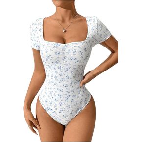 SweatyRocks Women's Short Sleeve Floral Bodysuit Sweetheart Neck Slim Fit Summer Leotard Tops