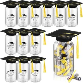12 Sets 2025 Graduation Gifts Graduation Caps for Mason Jars Grad Cap Money Candy Jars Decorations, Class of 2025 Gifts with Felt Grad Caps Table Centerpieces for Women Men College High School