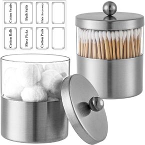 Gold Qtip Holder ، Apothecary Jars - جرة حمام من الفولاذ المقاوم للصدأ مع ملصقات - مزرعة ديكور Qtip موزع لـ Qtips ، كرات القطن ، المسحات ، إسفنجية المكياج (2 عبوة)