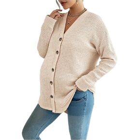 MakeMeChic Women's Maternity Tee V Neck Button Down Long Sleeve Drop Shoulder Pregnancy T Shirt Top
