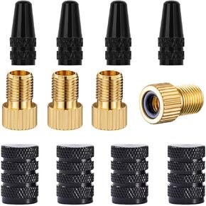 محول DBLOSP Brass Presta Valve ، قم بتحويل Presta إلى محول Schrader للدراجة ، والدراجات الإلكترونية ، والبترات الإلكترونية ، وتضخيم الإطارات باستخدام مضخة قياسية أو ضاغط الهواء (حزمة من 4 + 8 أغطية ، مع حلقات ختم من المطاط)