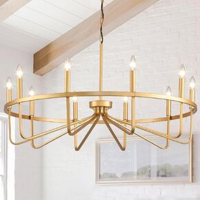Rustic Candle Black and Gold Chandelier,Wagon Wheel Chandelier,Farmhouse Pendant Light for Dining Room, Living Room, High Ceilings,Hallway,Foyer,Kitchen Island(40-Inch 10-Light)