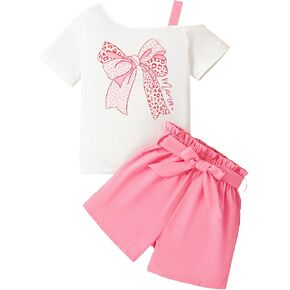 Girls 2 Piece Outfits Short Sleeve Off Shoulder Shirts Top and High Waist Paper Bag Shorts Set with Belt