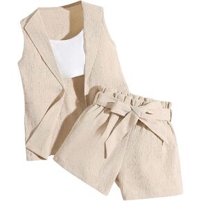 MakeMeChic Girl's 2 Piece Outfits Sleeveless Open Front Vest Jacket and Belted Shorts Set