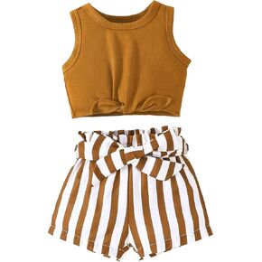 Hilinker Girls 2 Piece Outfits Summer Tie Knot Tank Top and Striped Shorts Set Cute Clothes