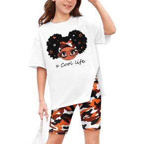 Girls Clothes 2 Piece Summer Outfits Casual Cute Graphic T-Shirt and Camouflage Biker Shorts Clothing Set 7-14T