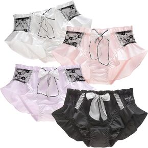 4 Pack Cute Underwear Silk Panties for Women Lolita Frilly Bikini Briefs Japanese Sissy Hipster Panty M-XL
