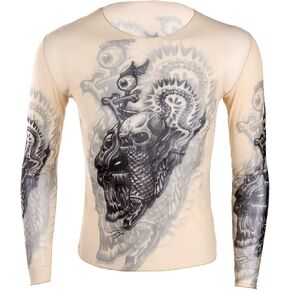 Men's Long Sleeve Mesh Fake Tattoo Print T-Shirt Tribal Inspired Tops Halloween Cosplay Costumes