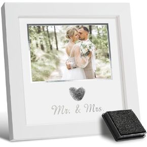 Heart Thumbprint Wedding Picture Frame with Ink Kit, Engagement Gifts for Couples Keepsake Wedding Registry Search Personalized Bridal Shower Gifts for Mr And Mrs Newlywed (White) in Kuwait