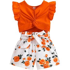 Girls 2 Piece Outfits Summer Clothes Ruffle Short Sleeve Shirts Top and High Waist Shorts Set with Belt