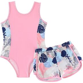 Kid Girl Swimsuit Bikini Set 2PC Bathing Suit for Girls, Tropical Girls' Full Coverage Swimwear Shorts Set