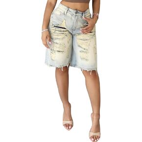 NRTHYE Women Knee Length High Waisted Ripped Jean Shorts Distressed Casual Bermuda Denim Shorts with Pockets