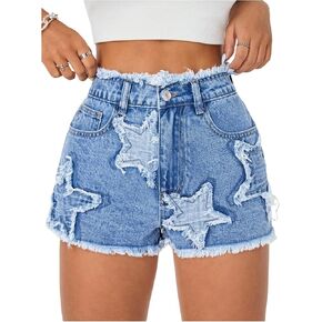 Makemechic Women's Denim Shorts Star Stared Trim Strained Leg High Weist Jean Shorts