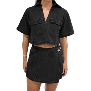Women's Denim 2 Piece Outfits Summer Lapel V Neck Jean Tops and Asymmetrical Shorts Set with Pockets Y2k Streetwear in Kuwait