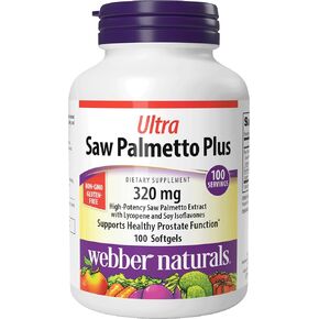 Webber Naturals Ultra Saw Palmetto Plus, 320mg per Softgel, Supports Healthy Prostate Function, Herbal Health Supplement with Lycopene, 100 Softgels, Gluten Free